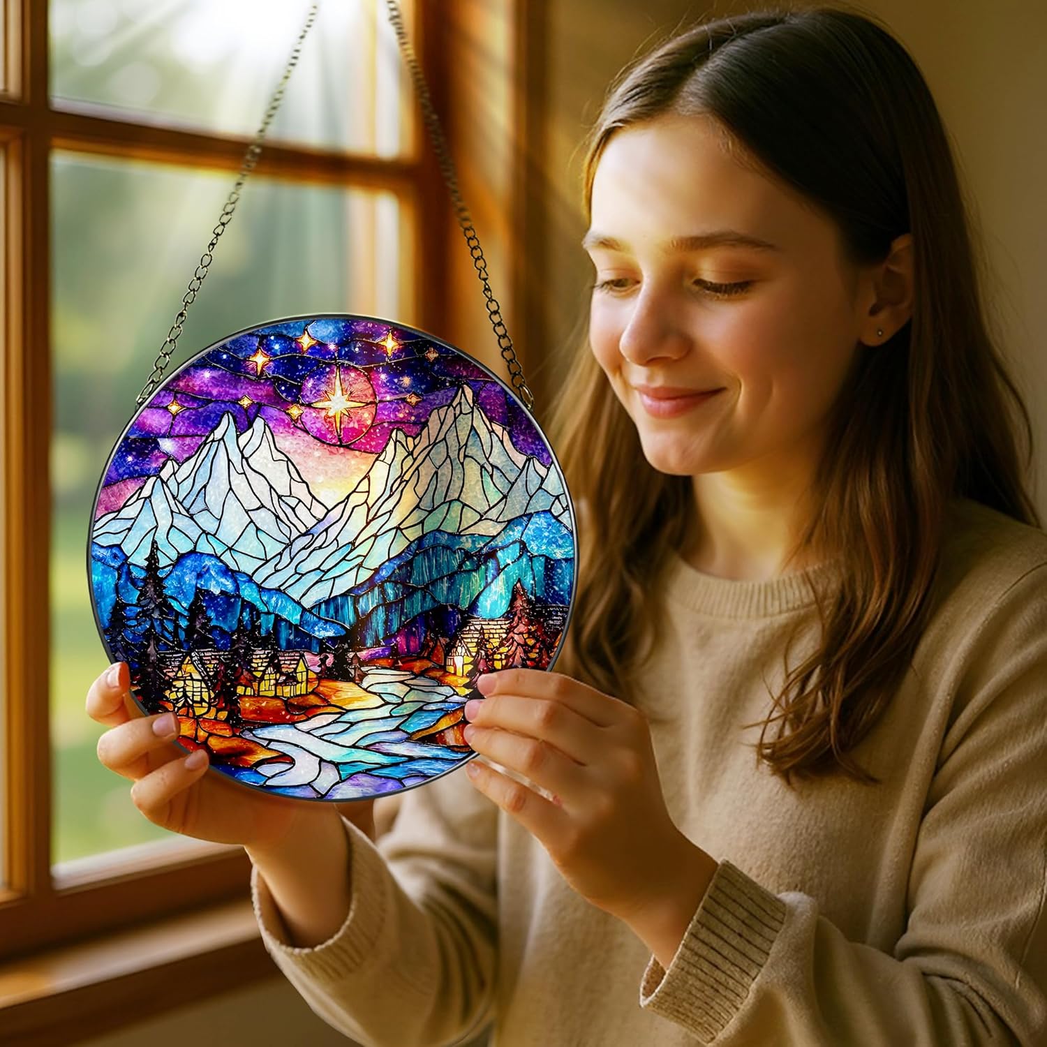Stained Glass Window Hanging, Pauyadu 8 Inch Night Court Sun Catcher, Stained Glass Suncatcher Ornament, Suncatchers for Windows Hanging, Starlight Lover Gift, Gifts for Women, Friend, Lover