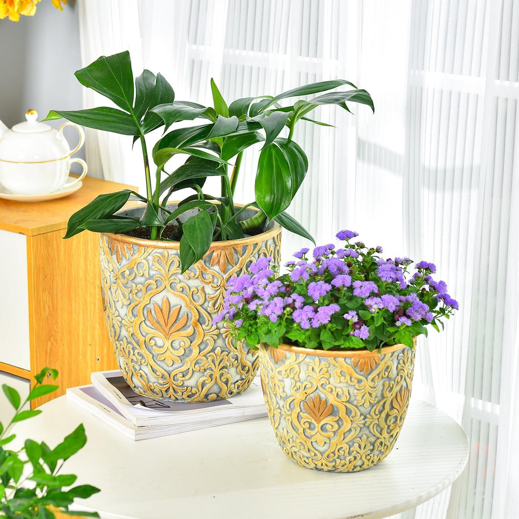 Sungmor Large Heavy Duty Cement Planters, Beautiful Embossed Concrete Garden Pots, 8" & 10" Set of 2 Plant Pots with Drainage Hole, Home Garden Decorative Flower Pots for Indoor Outdoor Plants Floral