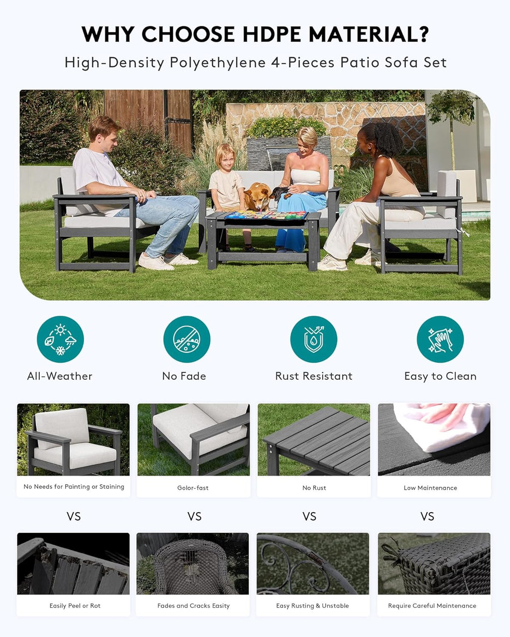SERWALL 5 Pieces HDPE Outdoor Sofa Set with Cushions, All Weather Use Patio Conversation Couch Loveseat Furniture with Coffee Table for Balcony, Deck, Poolside, Grey Frame with Khaki Cushions