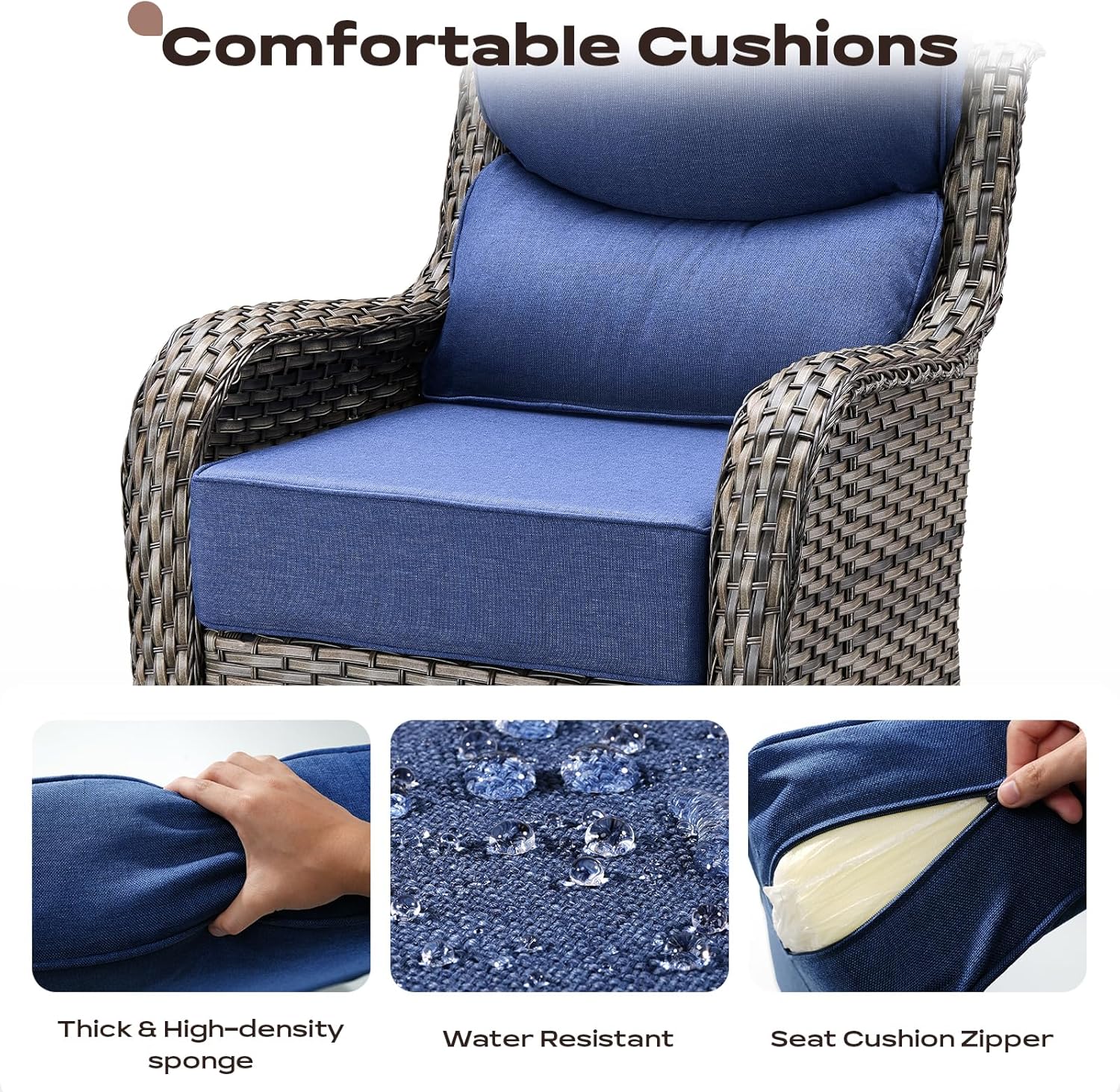 4 Piece Outdoor Patio Swivel Rocker Chairs, Waterproof Wicker, High Back, Deep Seating, Wide Armrest, Upgraded 6 inch Thick Cushions, Ideal for Deck Porch Backyard, Mixed Grey/Blue