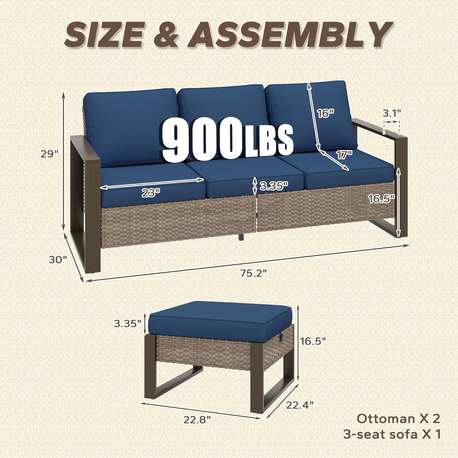 Wicker Patio 75" Sofa Set with Two Ottomans, All Weather Rattan Outdoor Conversation Furniture Set with Wood-Looking Metal Armrest for Deck Backyard Porch, Dark Blue