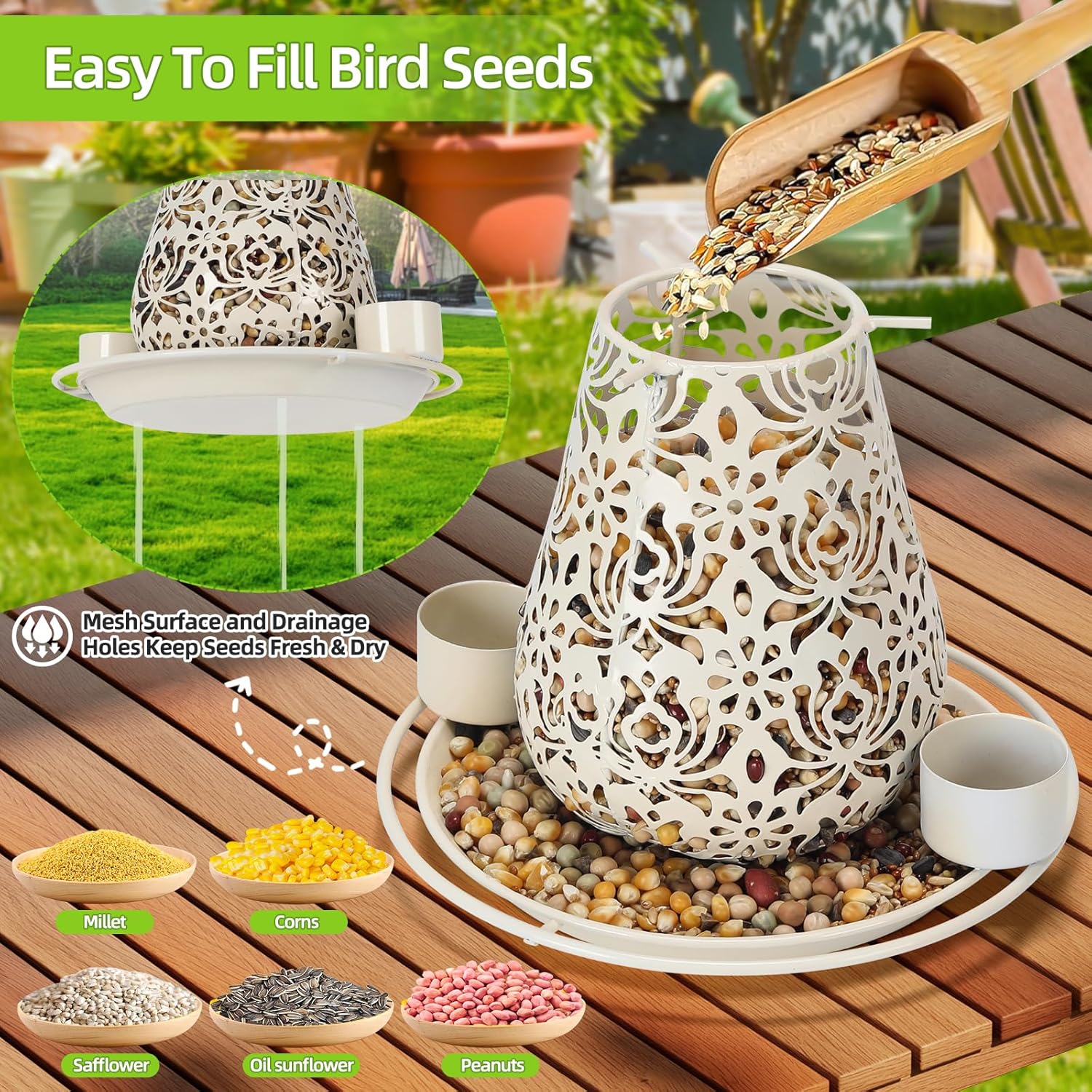 Mushroom Solar Bird Feeders for Outdoors Hanging Metal Wild Bird Feeder Garden Lantern with S Hook for Garden Decoration Blue