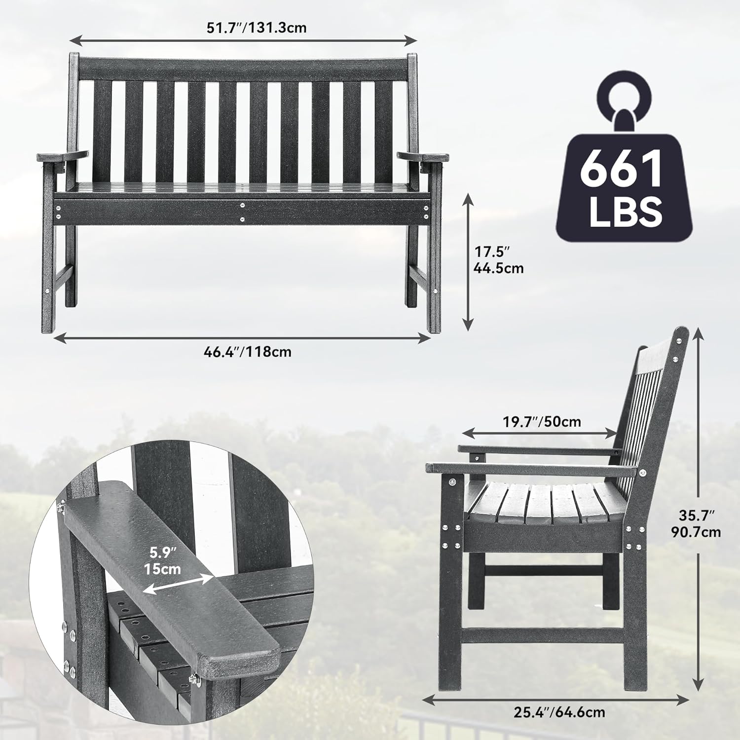 YITAHOME Garden Bench, All Weather Outdoor Bench for 2-3 Persons, Fade/Rot Resistance Patio Benches for Park, Porch, Patio & Backyard (Grey)