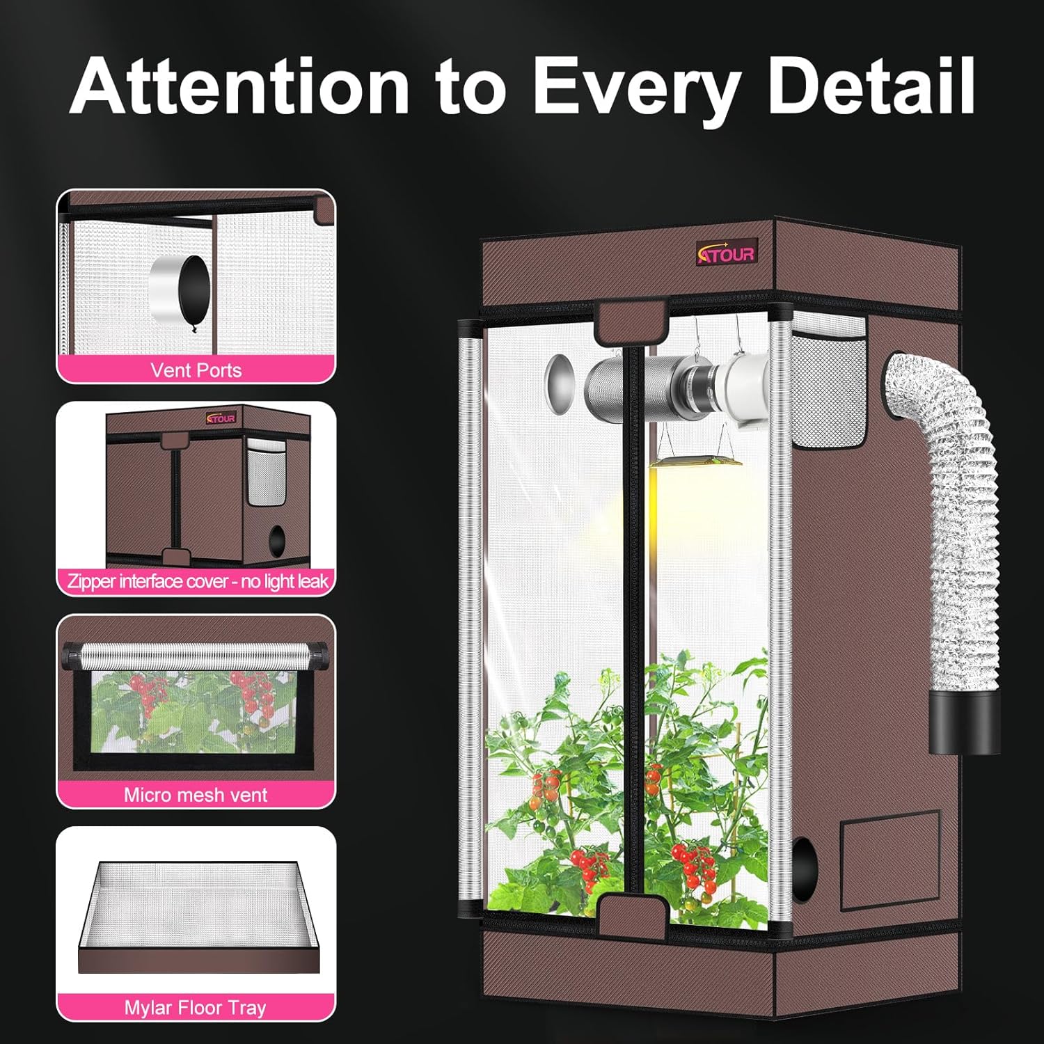 ATOUR Small Grow Tent, 24"x16"x24'' High Reflective Mylar 1680D Hydroponic Grow Tents, Waterproof Grow Tent with Double Cleart Observation Door and Floor Tray, for Indoor Plant Growing