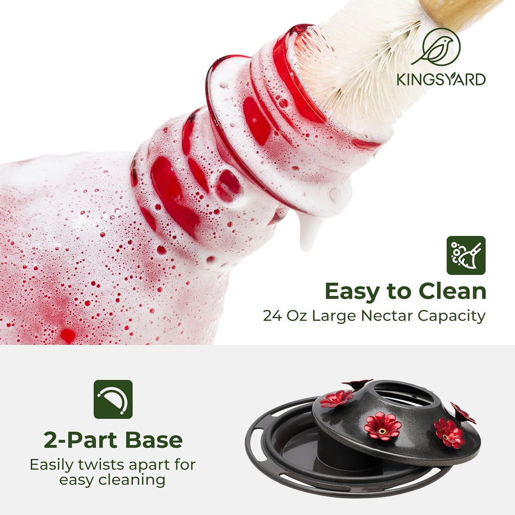 Kingsyard Glass Hummingbird Feeder - 6 Bee Guard Feeding Ports & Ant Moat, 24 oz Leak Proof, Wild Bird Feeder for Outdoors Hanging, Easy to Clean & Refill, Garden Yard Décor, Red & Blue