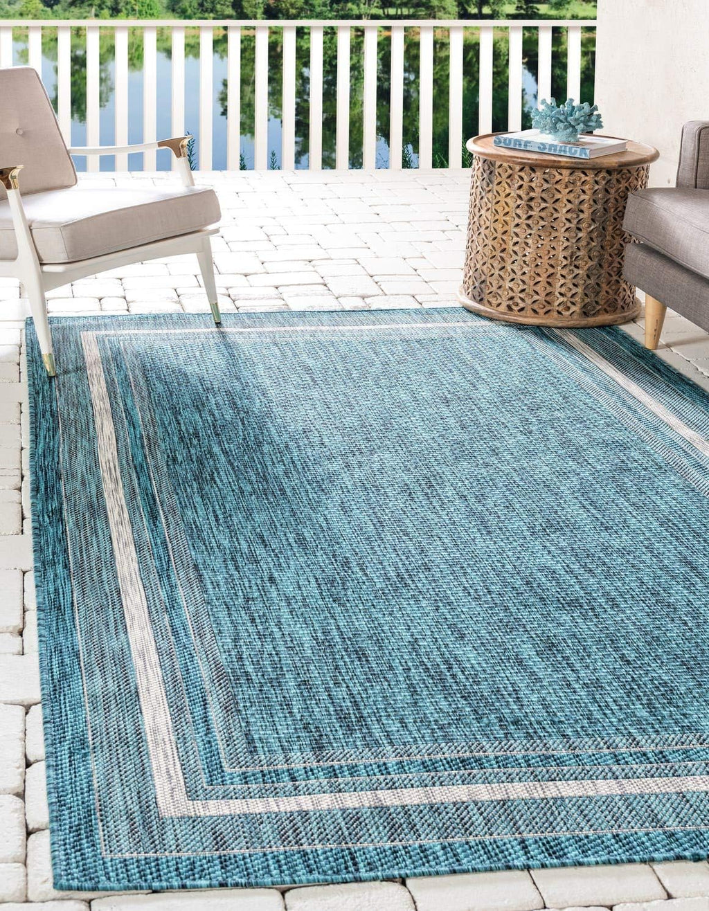 Unique Loom Outdoor Border Collection Area Rug - Soft Border (5' 1" x 8' Rectangle, Teal/ Ivory)