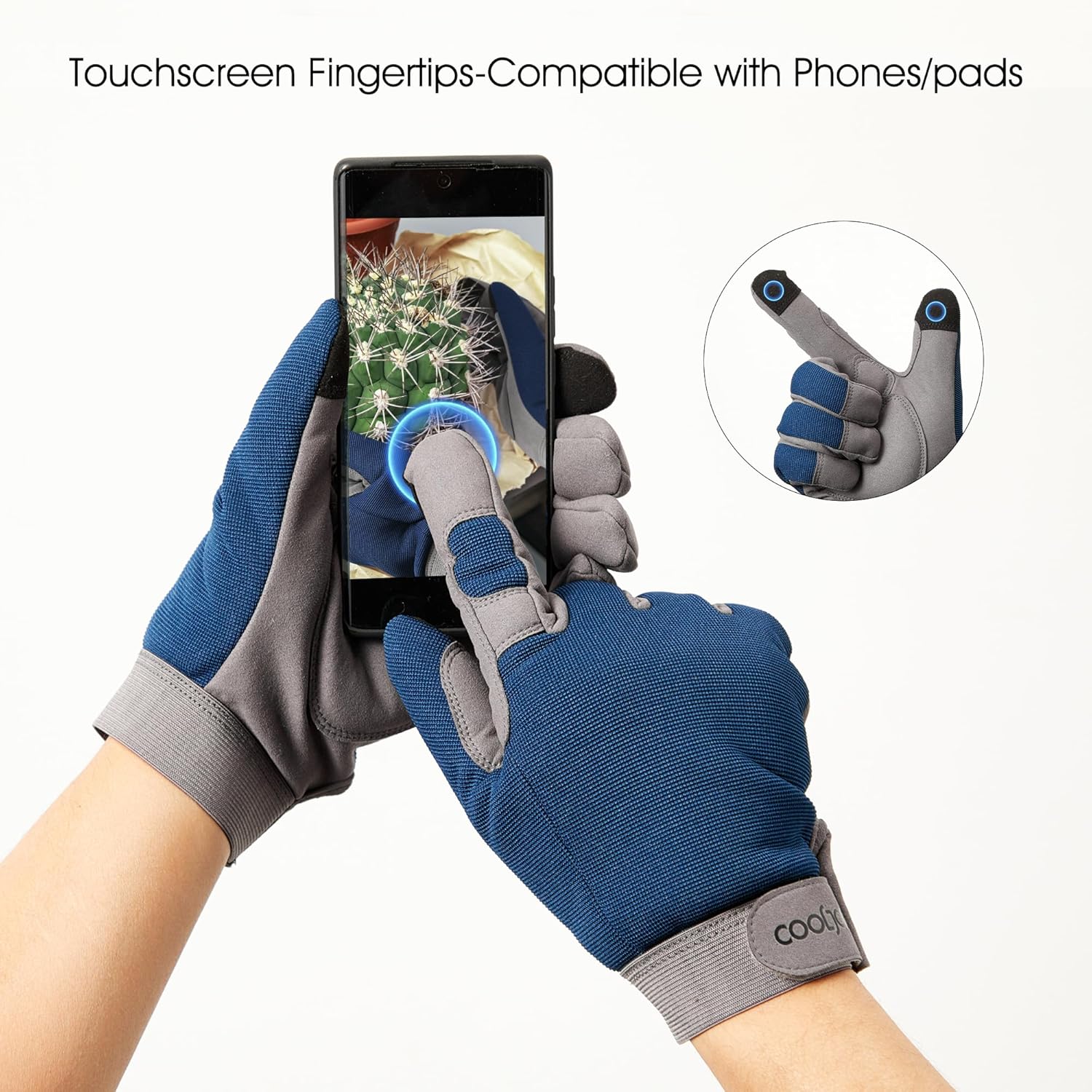 COOLJOB Thorn Proof Garden Gloves with Touchscreen Fingers for Men, Rose Pruning Work Gloves with Palm Cushion for Gardener, Farmer and Landscaper (Navy 1 Pair Small)