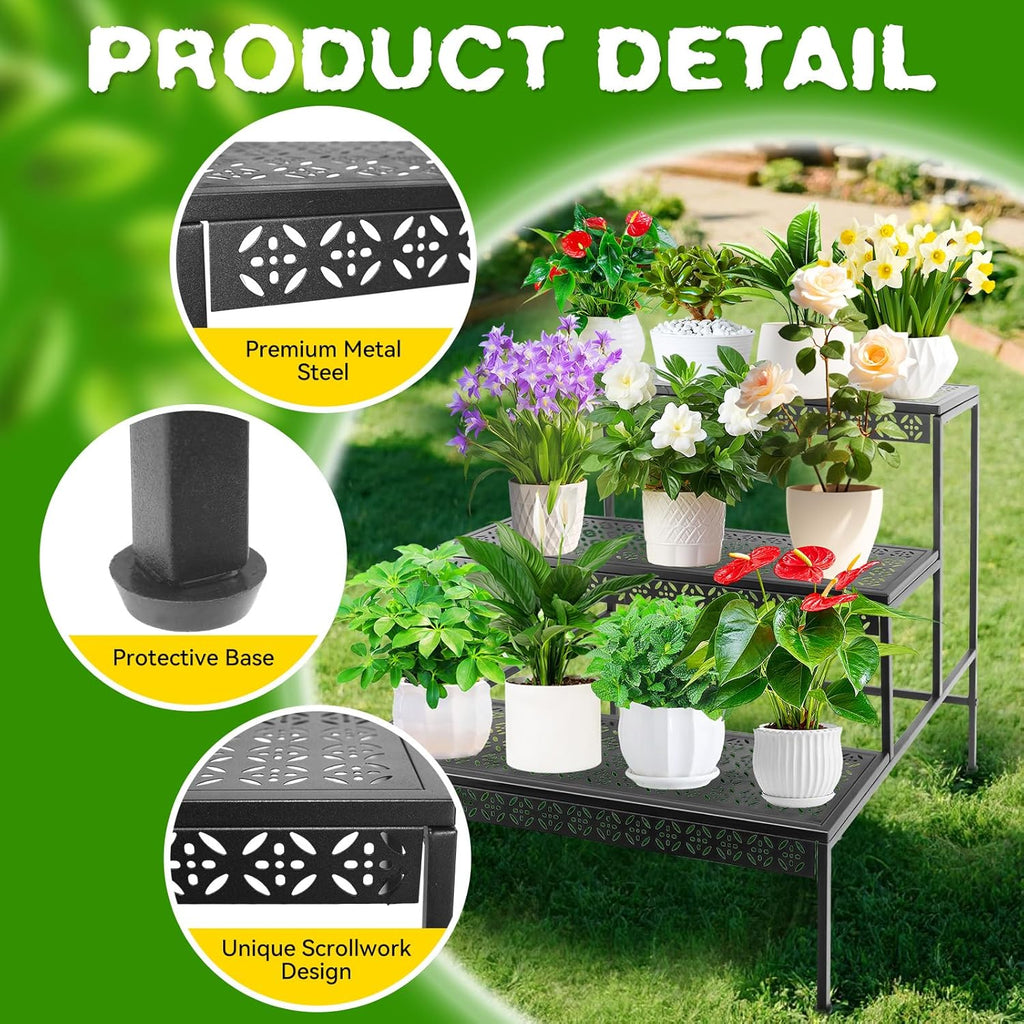 3 Tier Metal Plant Stand, Ladder Flower Pot Holder Plant Stands, Tiered Plant Stand Outdoor Storage Organizer Rack for Home Garden Patio Balcony