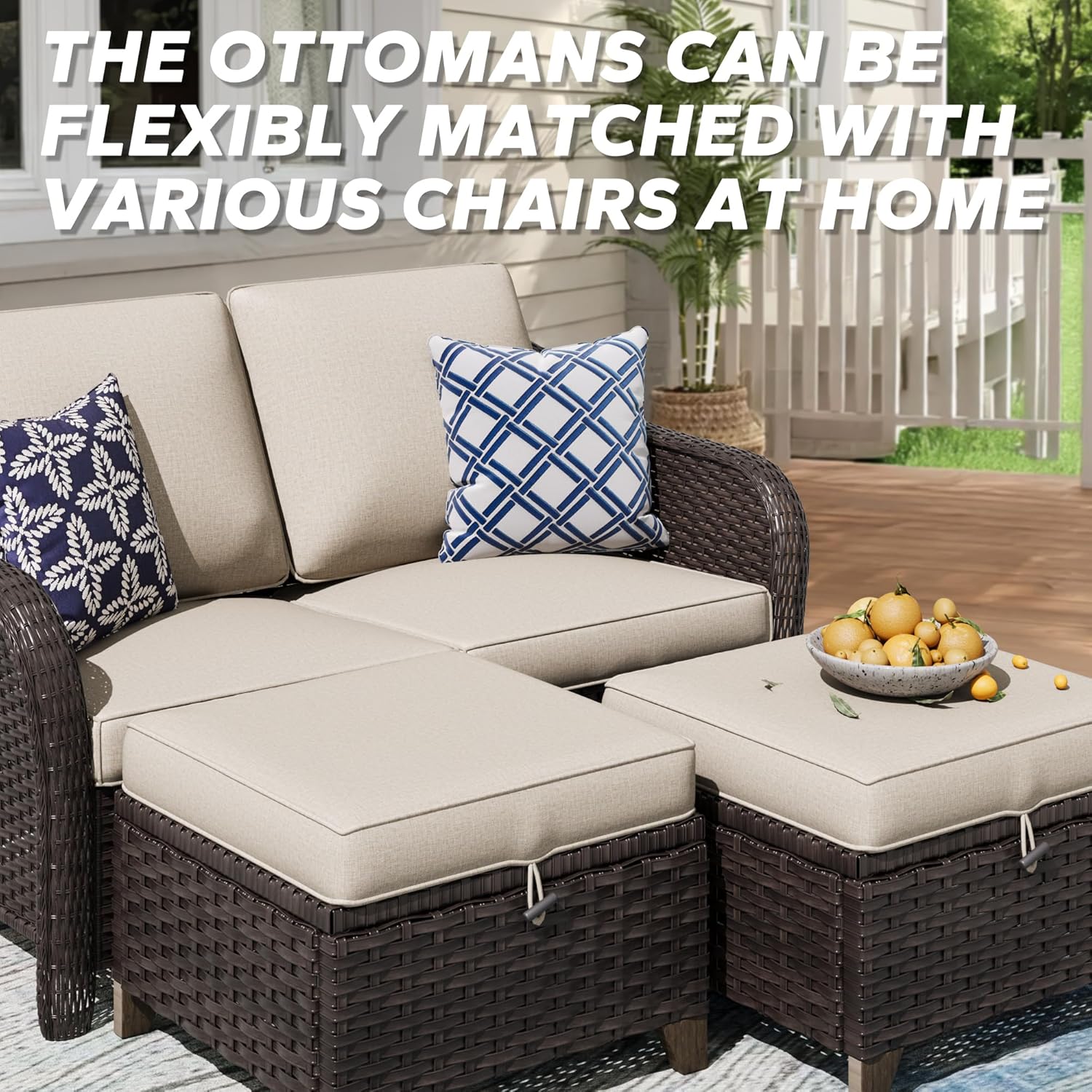 2 Pieces Patio All-Weather Wicker Ottomans with Cushions, PE Rattan Outdoor Conversation Furniture Set for Backyard, Deck, Lawn (Beige)
