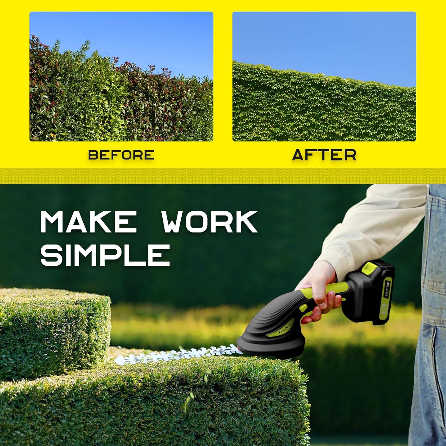 Cordless Hedge Trimmer - 2 Pack 21V Battery with Charger Powered Electric Trimmers, 2 in 1 Handheld Hedge Shears + Grass Cutter Pruning Shrub Cutting Small Branch Tool for Bush,Tree,Garden,Lawn,Yard