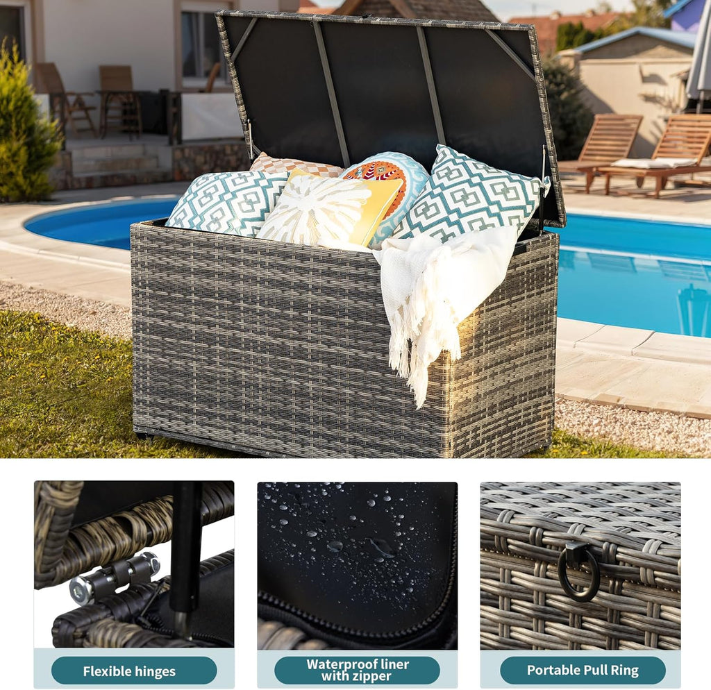 178 Gallon Outdoor Storage Box, Patio Deck Box with 2 Wheels, Handle Large Portable Wicker Rattan Deck Box for Patio Furniture Cushions, Throw Pillows, Garden Tools and Pool Floats (Gray)