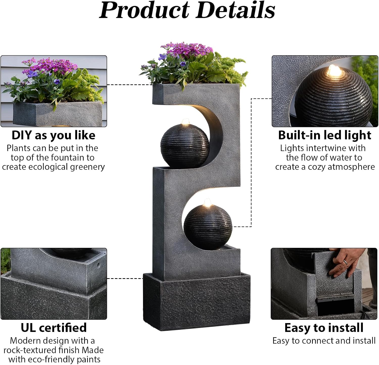 46''H Outdoor Water Fountain with LED Light, Modern Sphere Floor Waterfalls Fountains Indoor for Garden Patio Yard Deck Home Decor Lawn Porch House