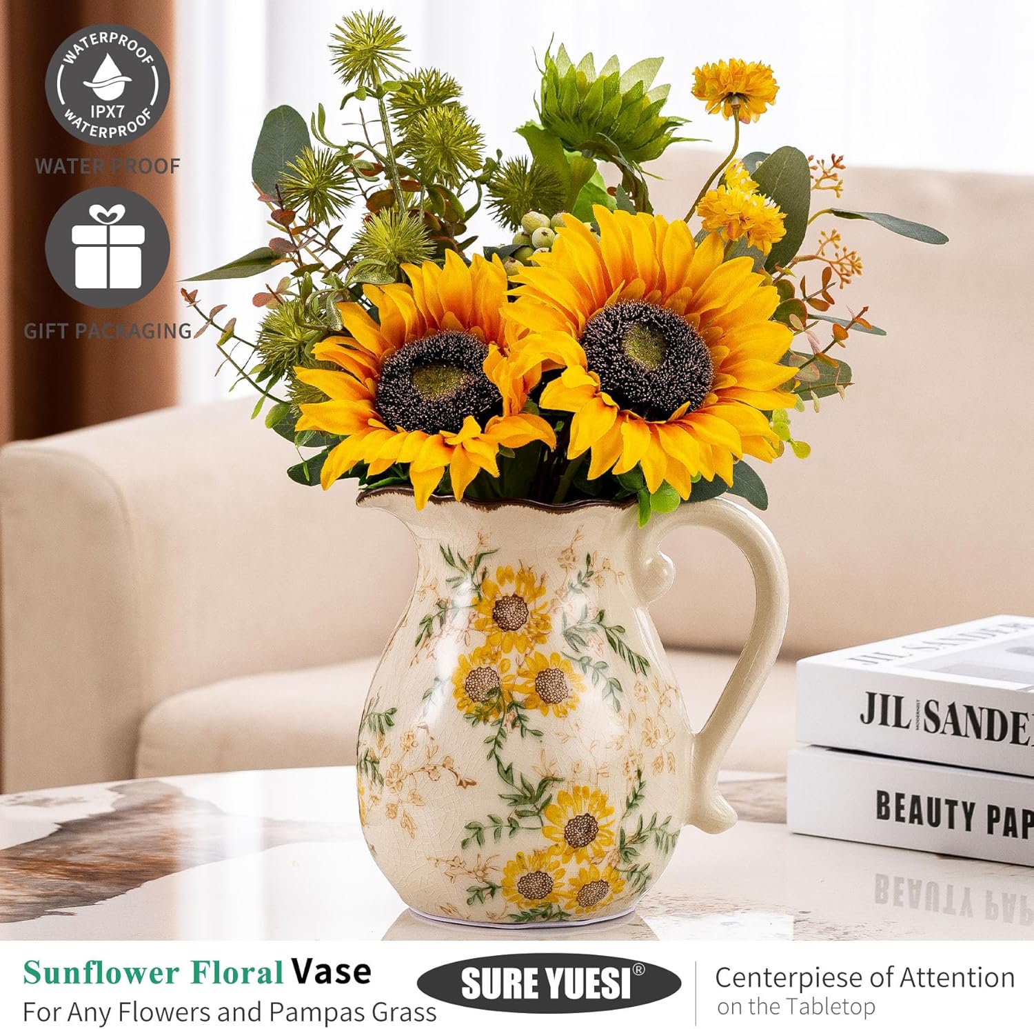 Sunflower Vintage Ceramic Yellow Floral Vase with Handle, Chinoiserie Floral Pitcher Vase, Rustic Ceramic Farmhouse Vases for Home Decor, Living Room, Bookshelf, Office, Grand Millennial Decor 7.9 in