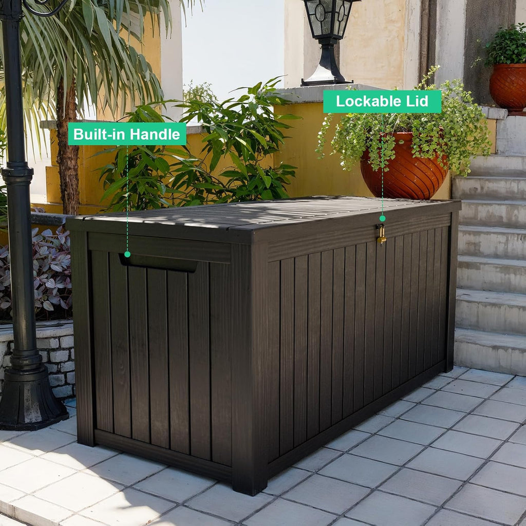 180 Gallon Outdoor Deck Box,Storage Lockable Waterproof Patio Furniture,Garden Tools,Cushions,Pool Accessories Outside Storage Resin Box(Black)
