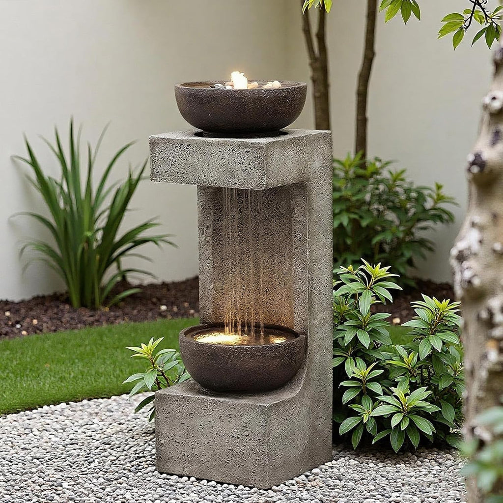 33.9" Waterfall Fountain Outdoor with LED Lights – Modern Rain Curtain Resin Garden Waterfall and Fountains, Bowl Design Outdoor Water Feature for Patio, Porch, Backyard, Lawn & Home Decor