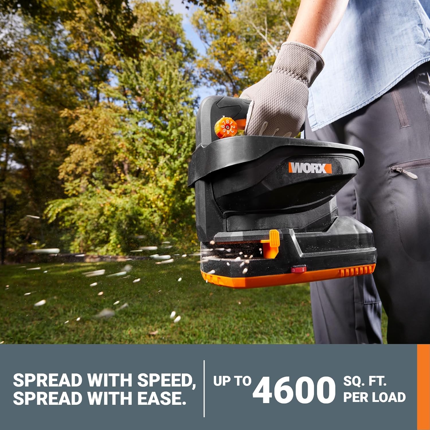 WORX 20V Cordless Seed Spreader 6-Speeds 5-Ft. Max Distance, Fertilizer Spreaders 8 Flow-Rate Settings, Broadcast Spreader Easier Than Hand Spreaders for Lawns WG869.9 – Tool Only