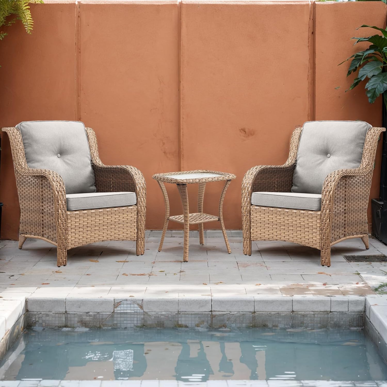 Patio Tables Wicker Side Table - Rattan Coffee Tables with Glass Top End Table for Outdoor Outside Patio Porch Square Yellow