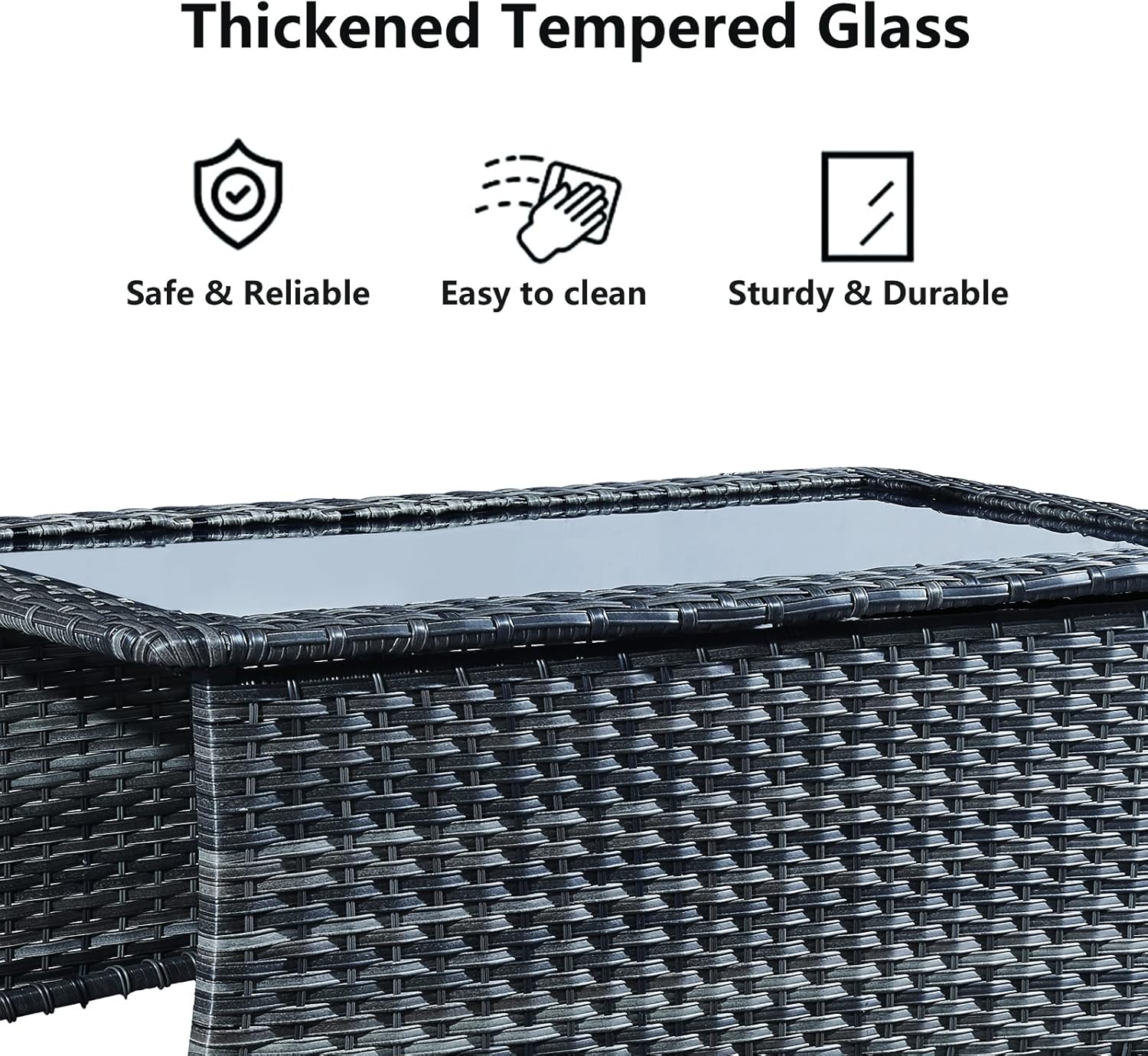 Patio Tables Wicker Coffee Table - Outdoor Rattan Coffee Tables with Glass Top for Patio Proch Deck Balcony Rectangle Mixed Grey