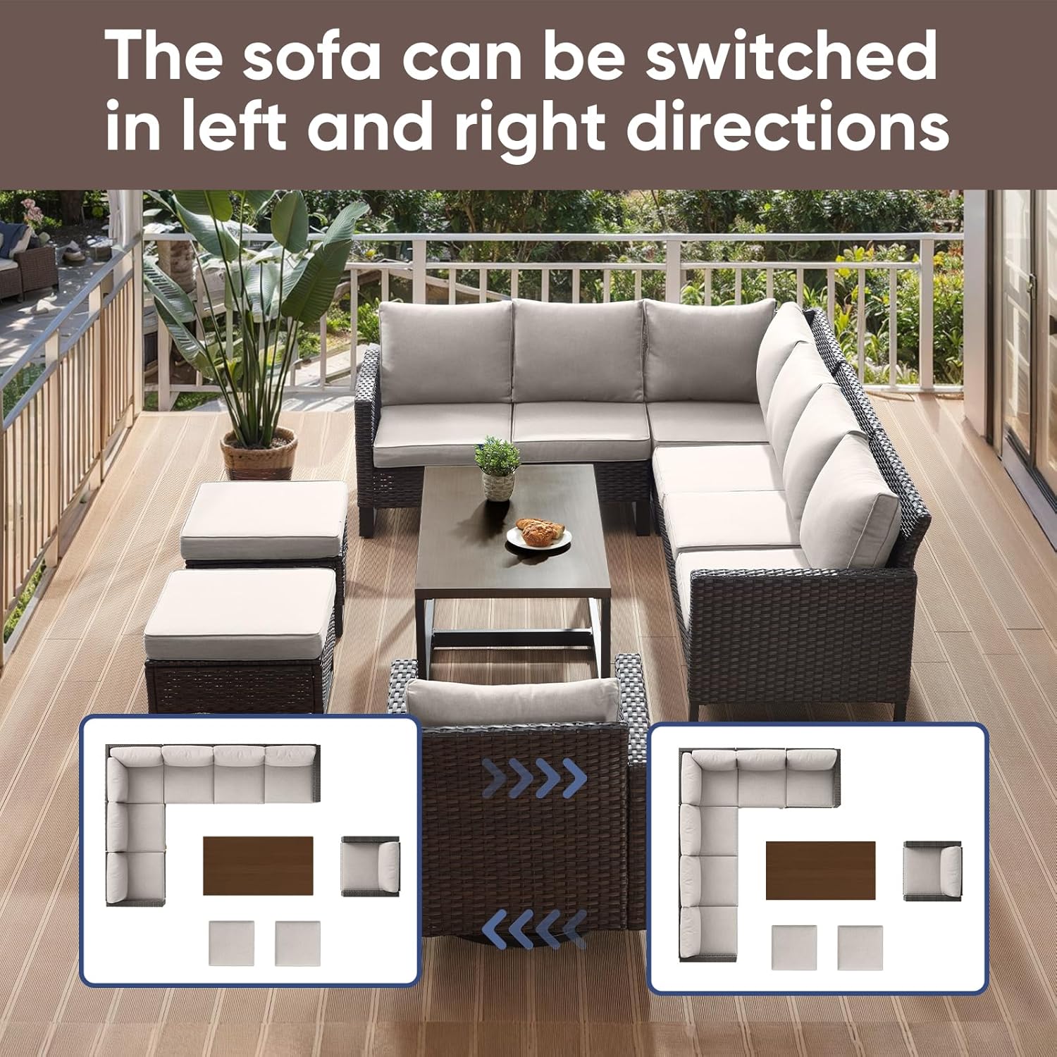 HUMMUH 8 Piece Patio Furniture Set PE Wicker Outdoor Sectional Sofa and Patio Swivel Chairs Outdoor Dining Table Ottomans for Porch,Garden,Backyard,Deck(Brown/Beige)