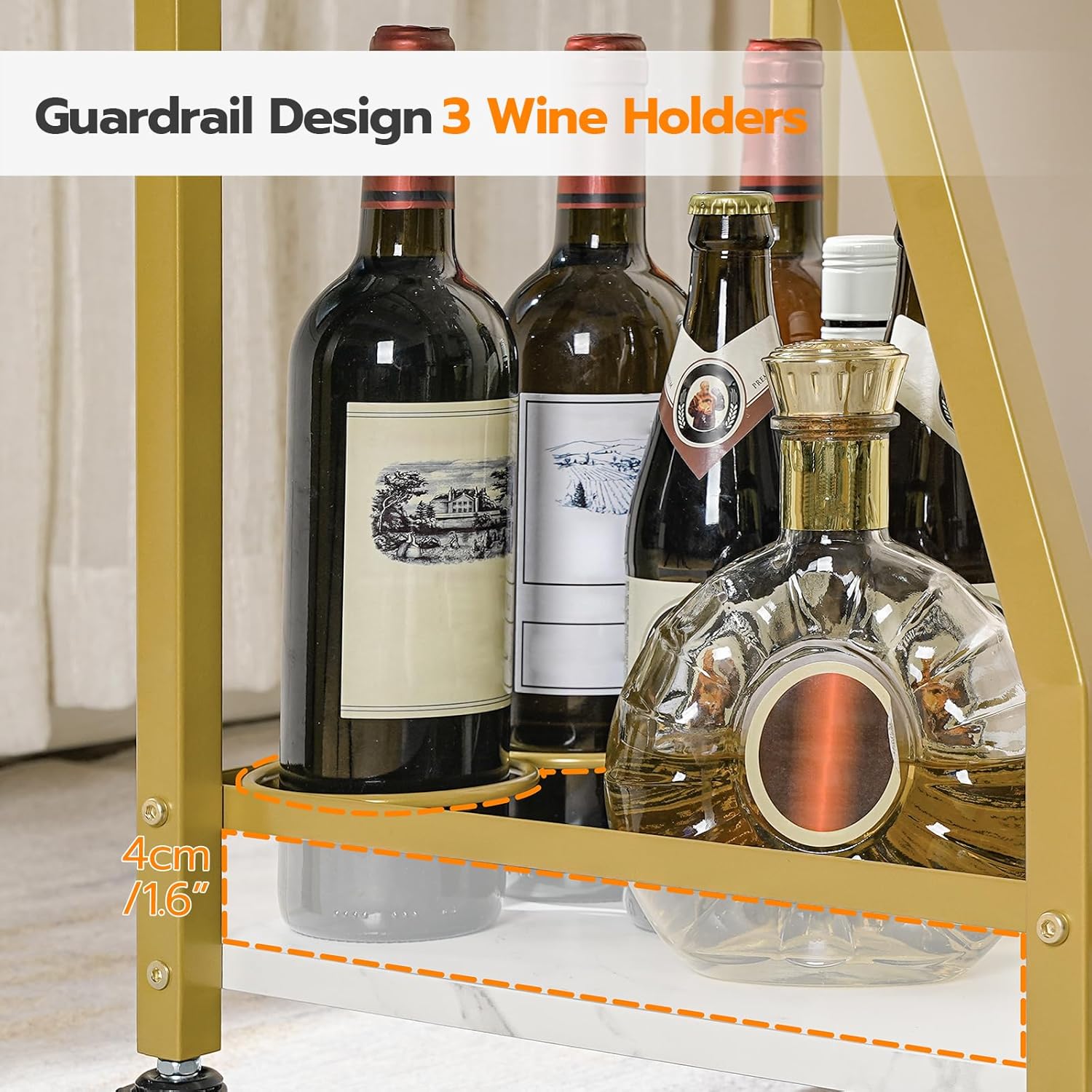 HOOBRO Bar Cart Gold, Home Bar Serving Cart, Kitchen Cart, Rolling Beverage Cart & Wine Rack and Glass Holder 2 Storage Shelves, Cocktail Cart for Home Dining Party, White and Gold DM27TC01