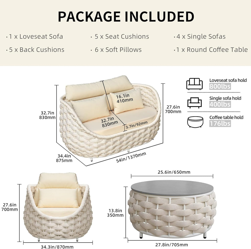 6-Piece Aluminum Patio Furniture Set, Olefin Rope Modern Outdoor Conversation Set Sectional Sofa with Water Repellent Thick Cushions and Coffee Table for Balcony, Garden, Beige