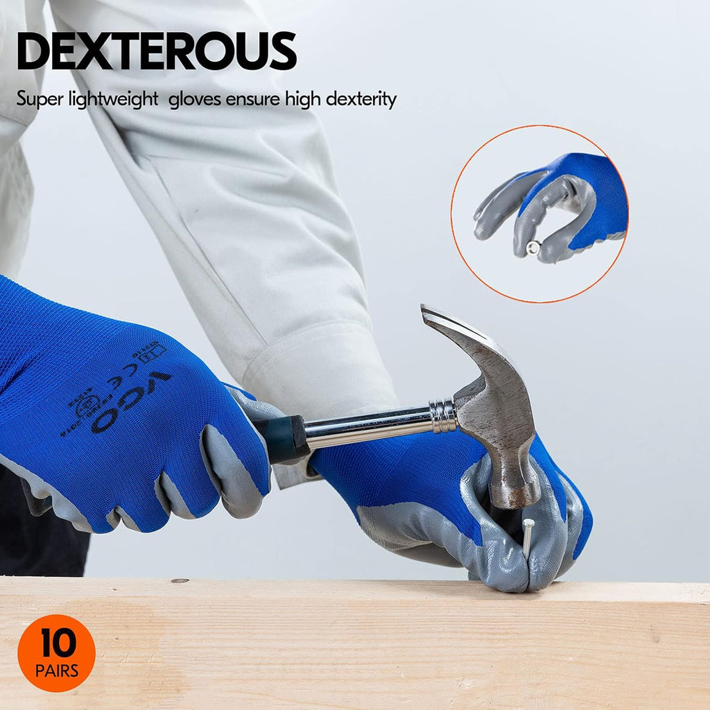 Vgo... 10-Pairs Safety Work Gloves, Gardening Gloves, Non-slip Nitrile coating, Dipping Gloves (Size M, Blue, NT2110)
