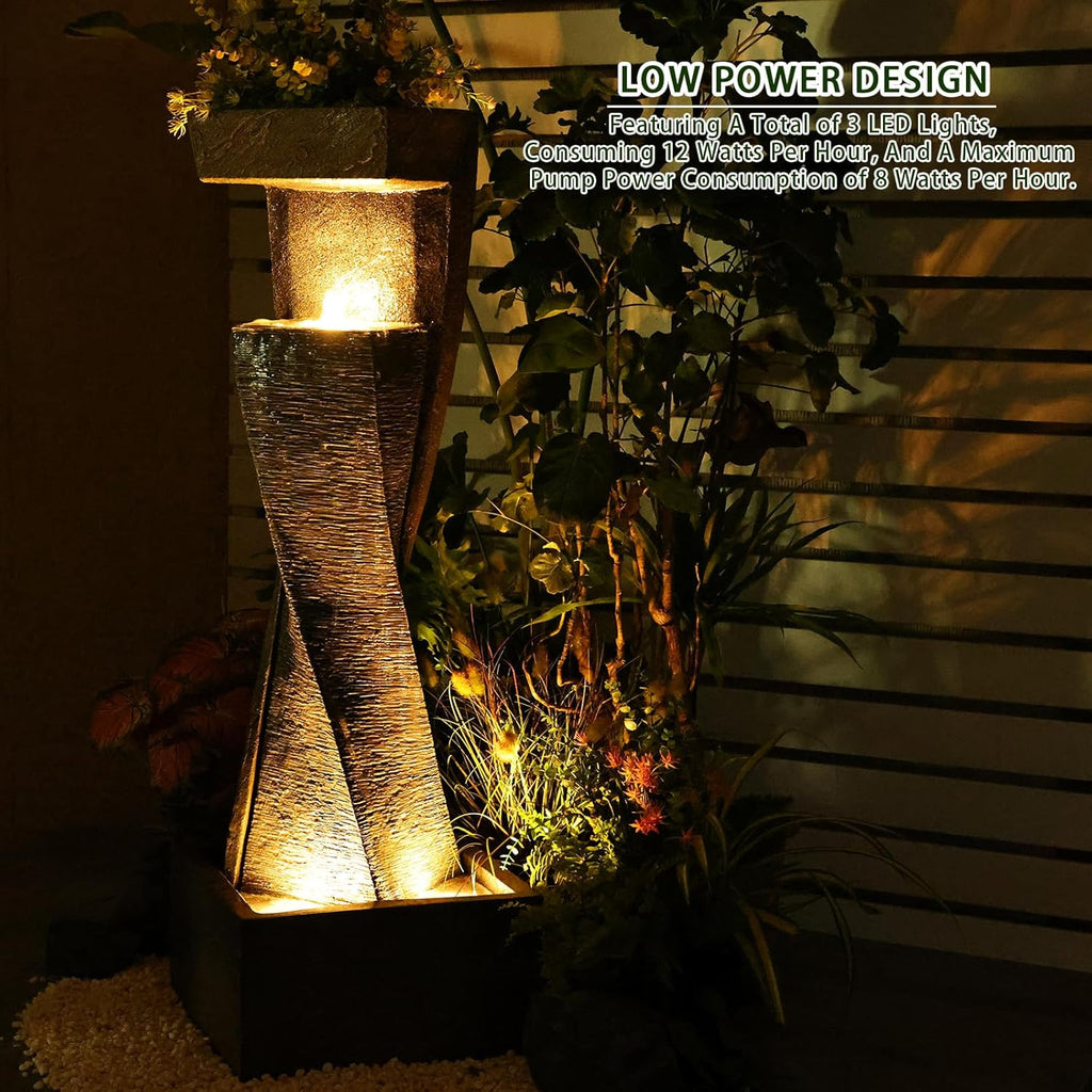 Garden Modern Outdoor Fountain, 47.2" Floor Standing Outdoor Water Fountains with Lights for Garden, Backyard, Patio, Porch, Deck and Home Art Decor