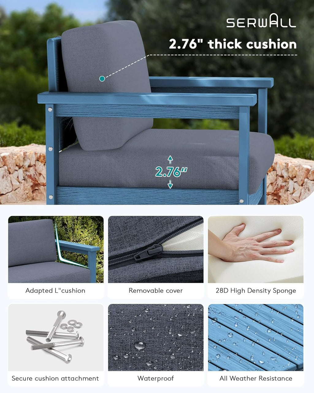 SERWALL Blue HDPE Outdoor Loveseat with Grey Cushions