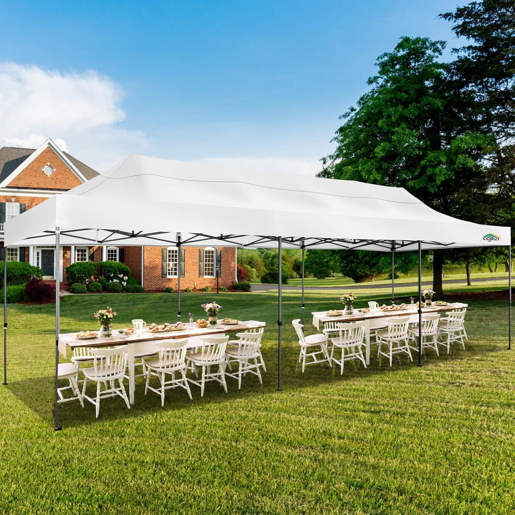 COBIZI 10x30 Pop up Canopy, Heavy Duty Outdoor Party Tents for Parties, Ez up UPF 50+ Waterproof Commercial Canopy with Wheeled Bag can fold, White(Windproof Upgraded)