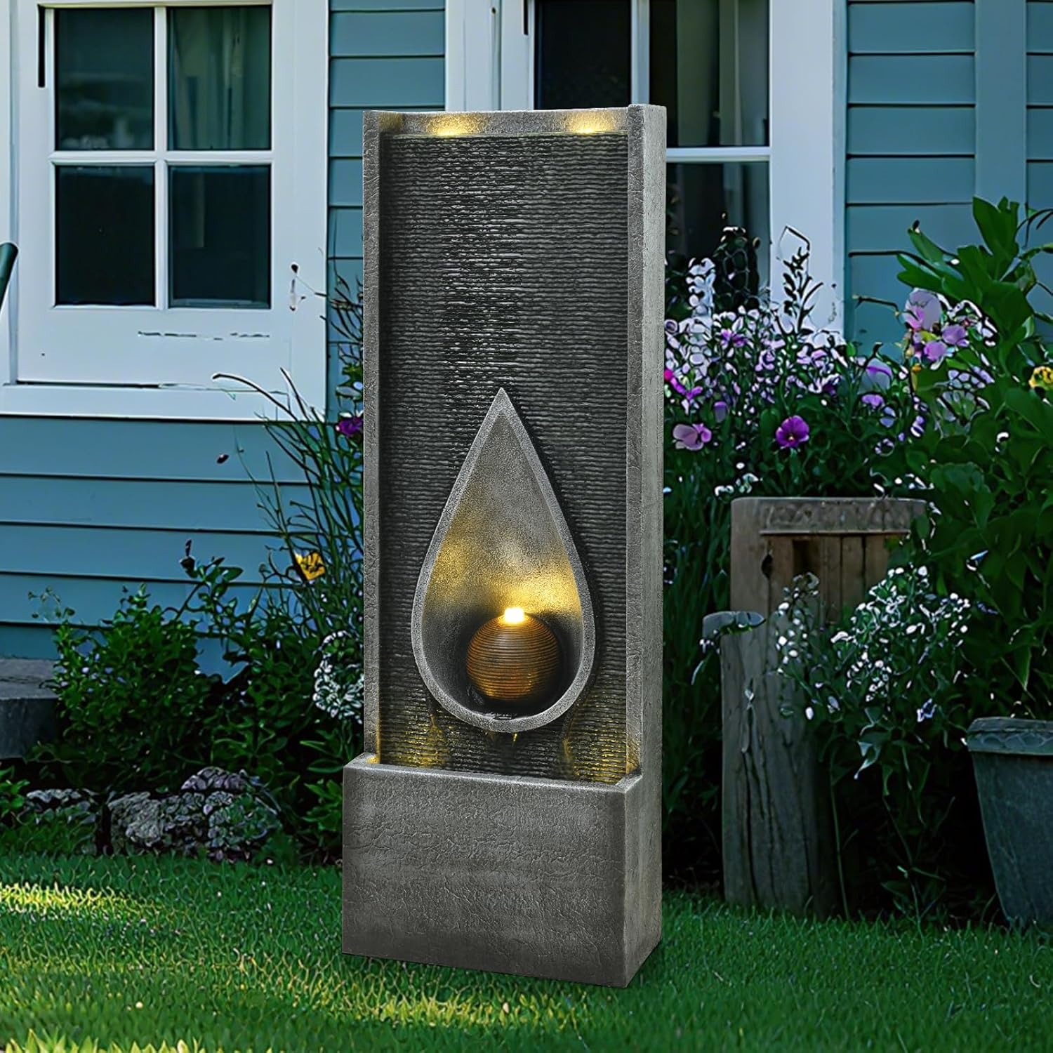 Water Fountain Indoor Outdoor, 53.14inch Modern Cascading Waterfall Feature with LED Lights, Tall Floor Standing Fountain for Garden, Deck, Patio, Porch, Yard Decor (53)
