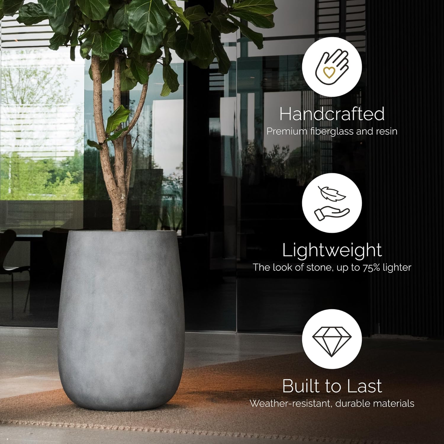 Mondo High Tall Planter – Sand Stone Finish – Fiberglass Indoor/Outdoor and Weather-Resistant Round Planter (25.6" D x 35.6" H Exterior, 20.3" D x 35.4" H Interior)