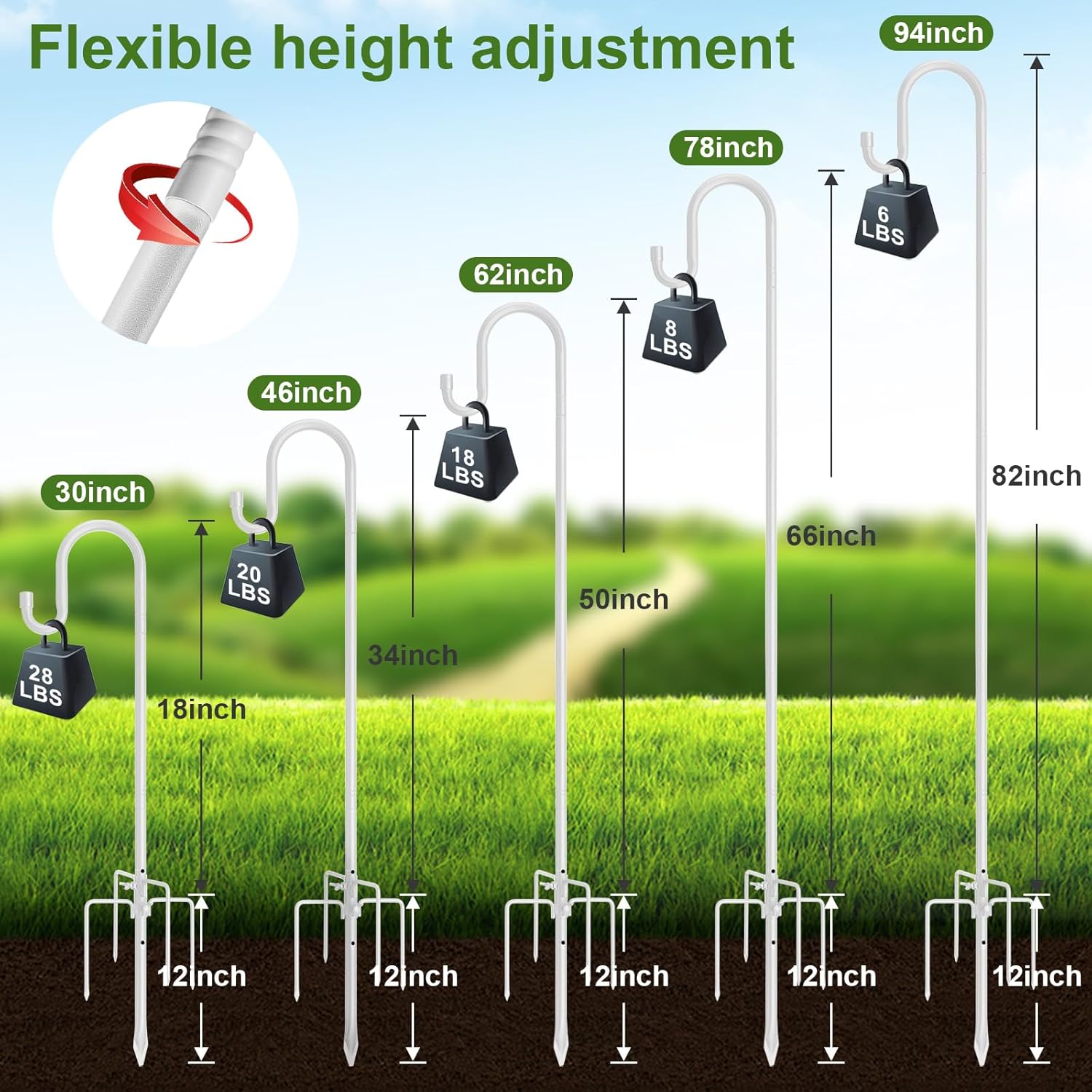 Hummingbird Feeder Pole for Outdoors - Heavy Duty Bird Feeder Stand with Adjustable Stake,62" Rustproof Shepards Poles with Hangers Holder for Birdfeeder,Wind Chimes,Lanterns,Wreaths,White