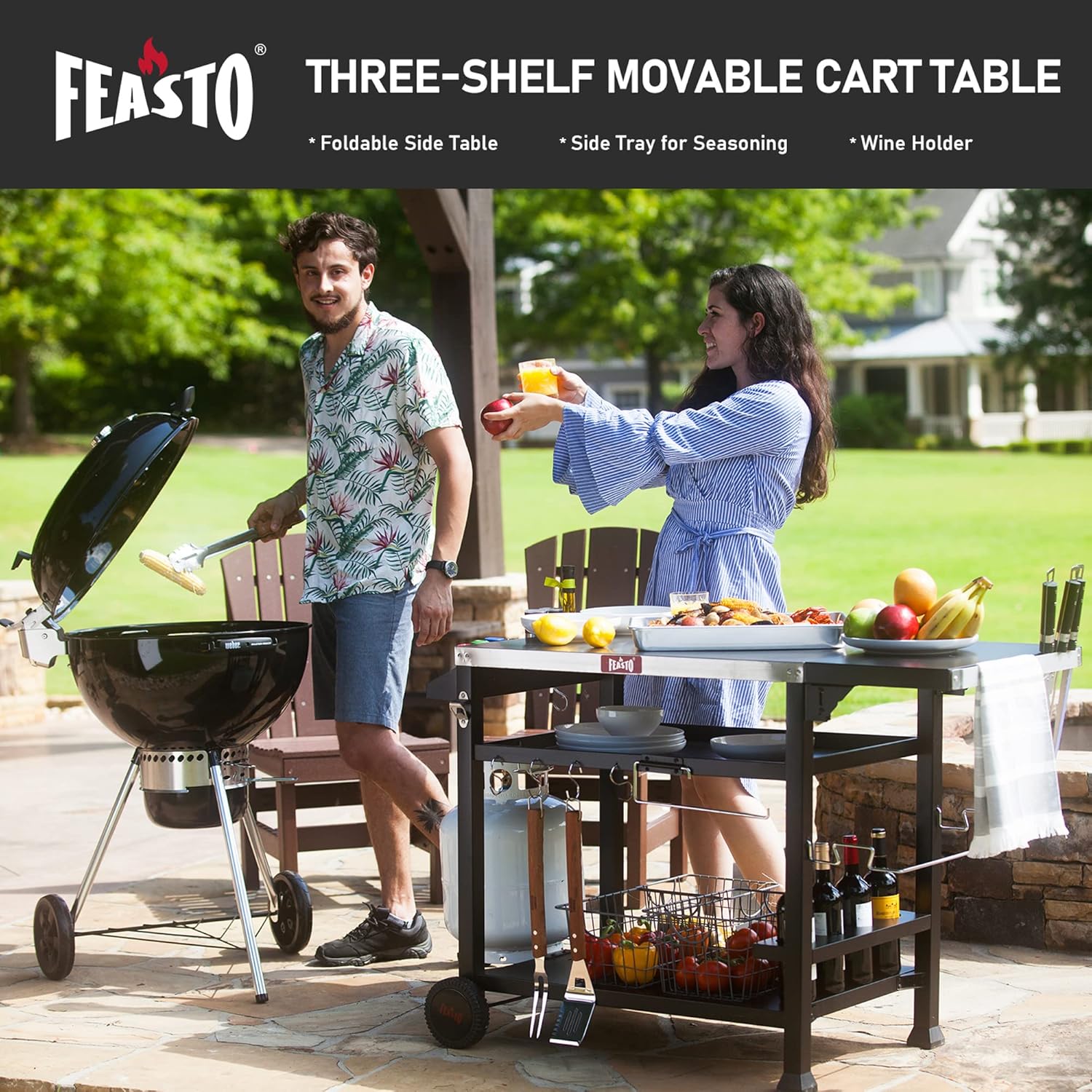 Outdoor Grill Cart, Pizza Oven Table Stand for Outdoor Indoor, 40" x 26" Stainless Steel Tabletop Dining BBQ Grill with Wheels for Food Prep, 3-Shelf Kitchen Cart Table