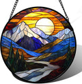 Stained Glass Window Hanging, Yellow Blue Sunset Mountains Scenery Sun Catcher for Window Home Decor Landscape Suncatcher Mother's Day Birthday Gifts for Women Men Mom and Nana 11.8 in