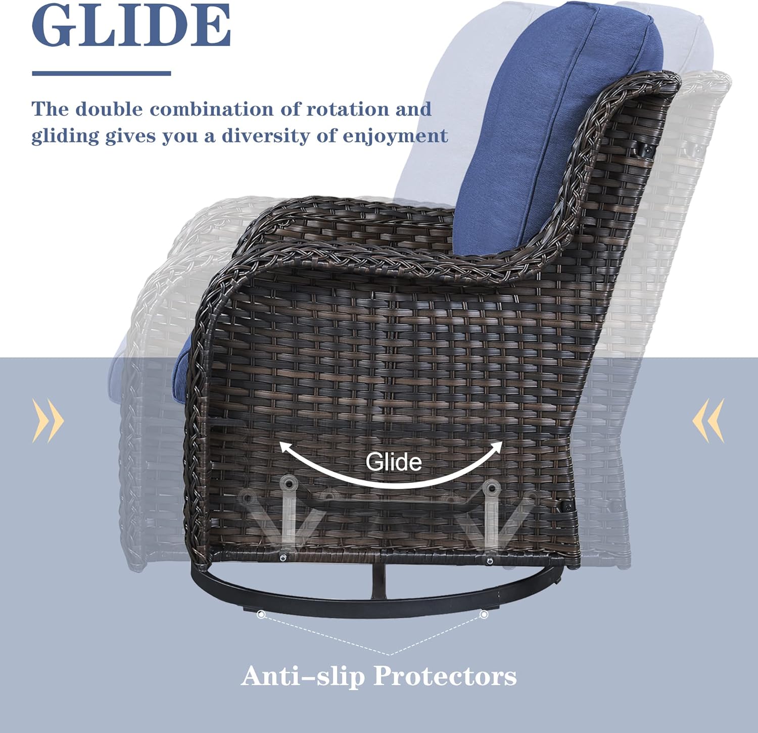 Outdoor Patio Furniture Set with Propane Fire Pit Table, 7 Pieces Wicker Patio Conversation Set with 2 Swivel Glider Rocker Chairs Rattan Sofa Blue Cushion Perfect for Casual Gathering