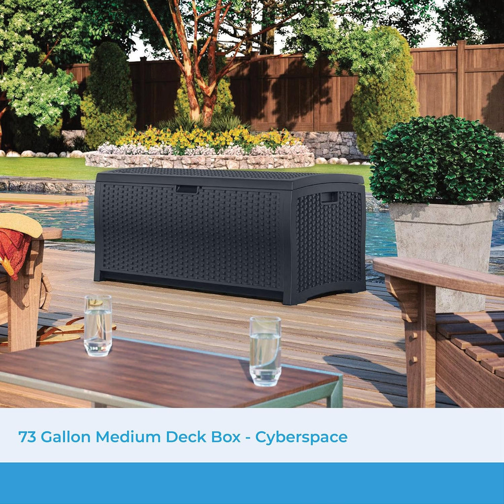 Suncast 73 Gallon Medium Resin Wicker Indoor/Outdoor Storage Box for Garden Tools, Pool Accessories, and Patio Cushions, Cyberspace