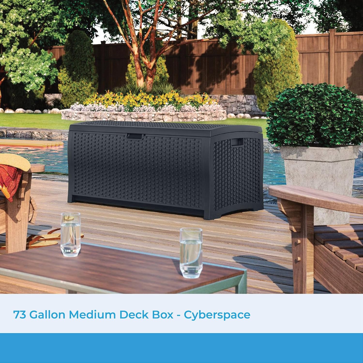 Suncast 73 Gallon Medium Resin Wicker Indoor/Outdoor Storage Box for Garden Tools, Pool Accessories, and Patio Cushions, Cyberspace