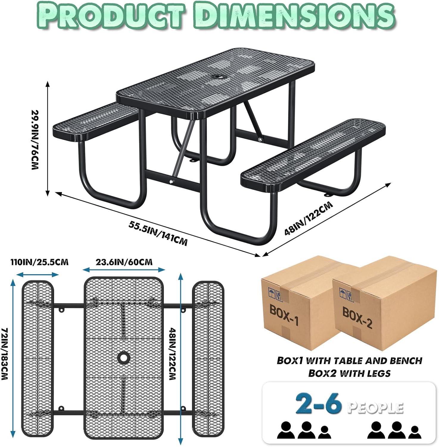 Heavy-Duty Park Bench or Table for Outside - Black Coated Outdoor Furniture Steel Bench, Commercial-Grade Outdoor Benches Weatherproof for Park, Patio, Porch (Black, 4FT (Rect. Table))