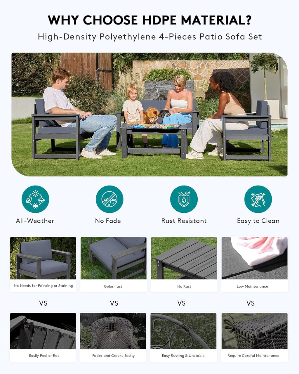 SERWALL 3 Pieces HDPE Outdoor Sofa Bistro Set with Cushions, Outdoor Furniture Sofa Sets with Coffee Table and Cushions, All Weather Conversation Social Set, Grey Frame and Grey Cushion