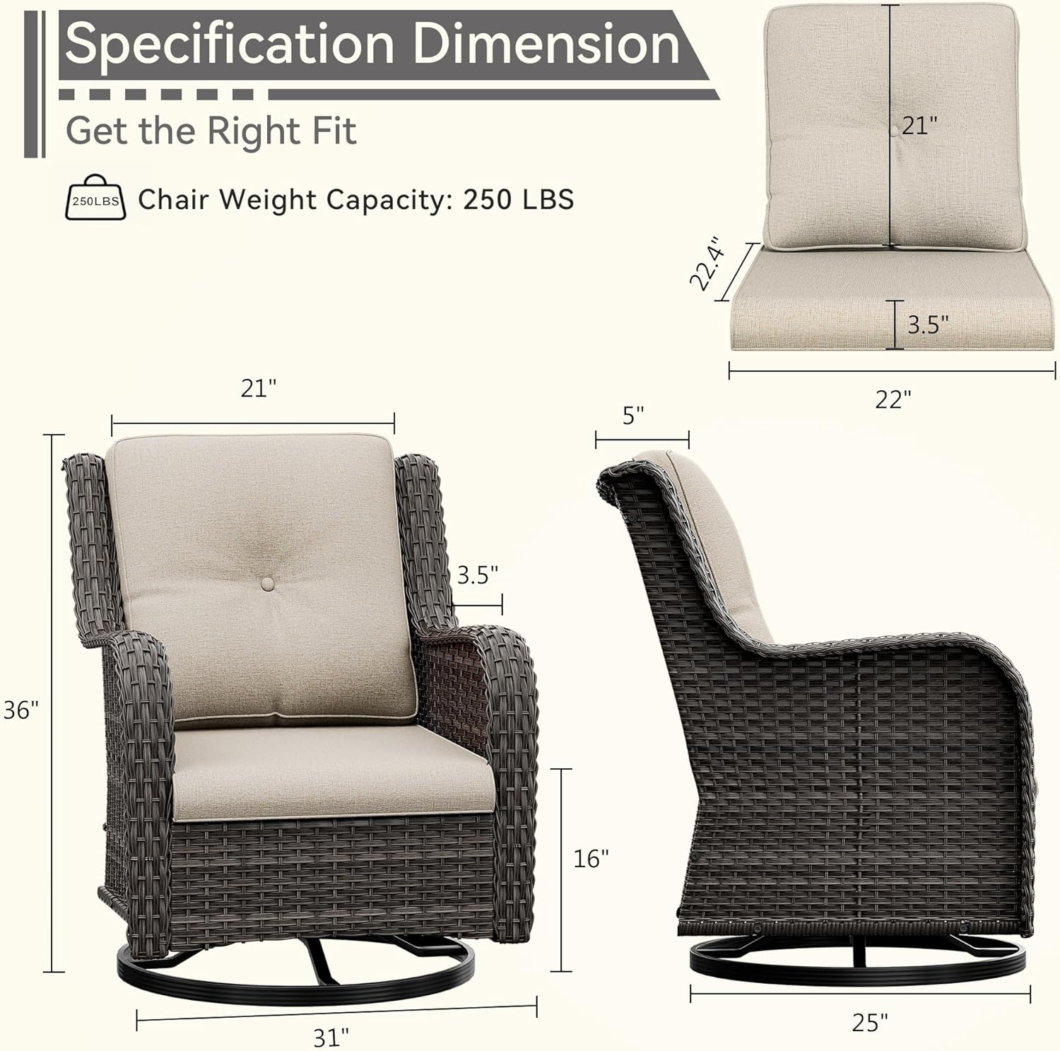 Outdoor Swivel Rocker Patio Chair - Outdoor Wicker Patio Glider Chair with Olefin Fabric Cushions Suitable for Backyard Deck and Porch, Beige