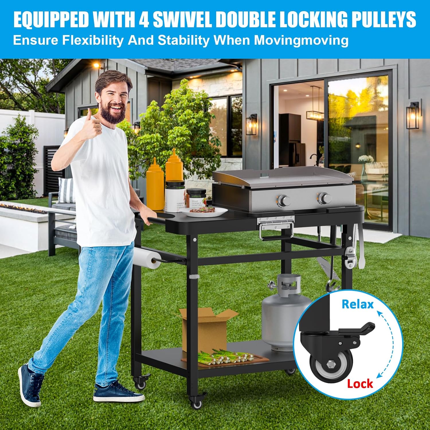 Grill Stand for Ninja Woodfire Outdoor Portable Prep Cart Table Station for Ninja XSKUNSTAND OG700 OG800 OG900 OO101 Series and Smoker Pizza Oven Accessories with Wheels & Grill Cover