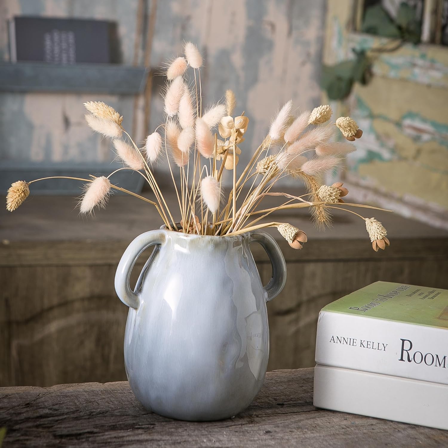 Gray Ceramic Vase with 2 Handles, Modern Farmhouse Decor, Rustic Terracotta Pottery, Decorative Flower Vases, Clay Small Vase, Centerpiece for Dining Table - 7 Inch Tall