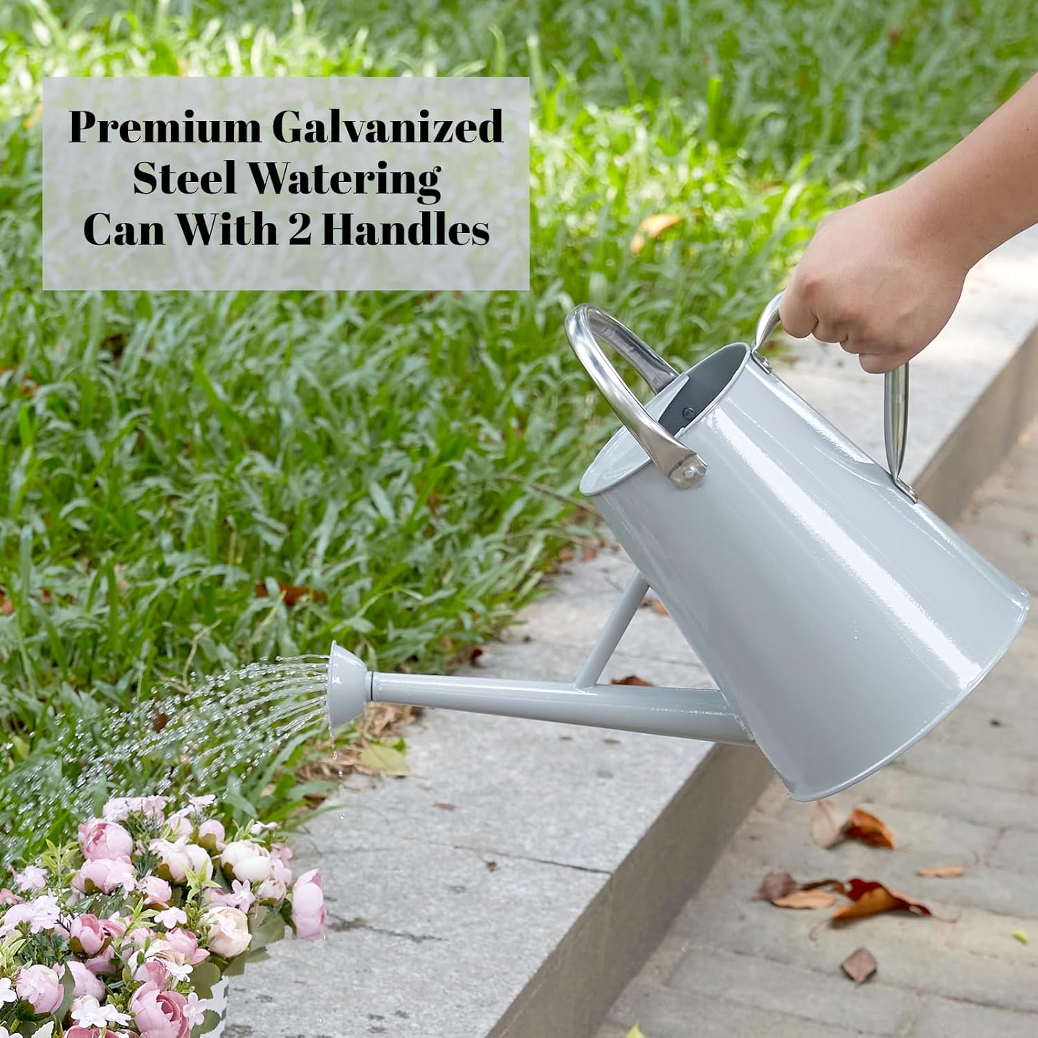 1.5 Gallon Watering Can for Outdoor Plants,Large Metal Plant Watering Pot with Removable Spout,Flower Garden Water Can Watering Pot,Galvanized Steel Watering Can with Stainless Steel Handles，Grey