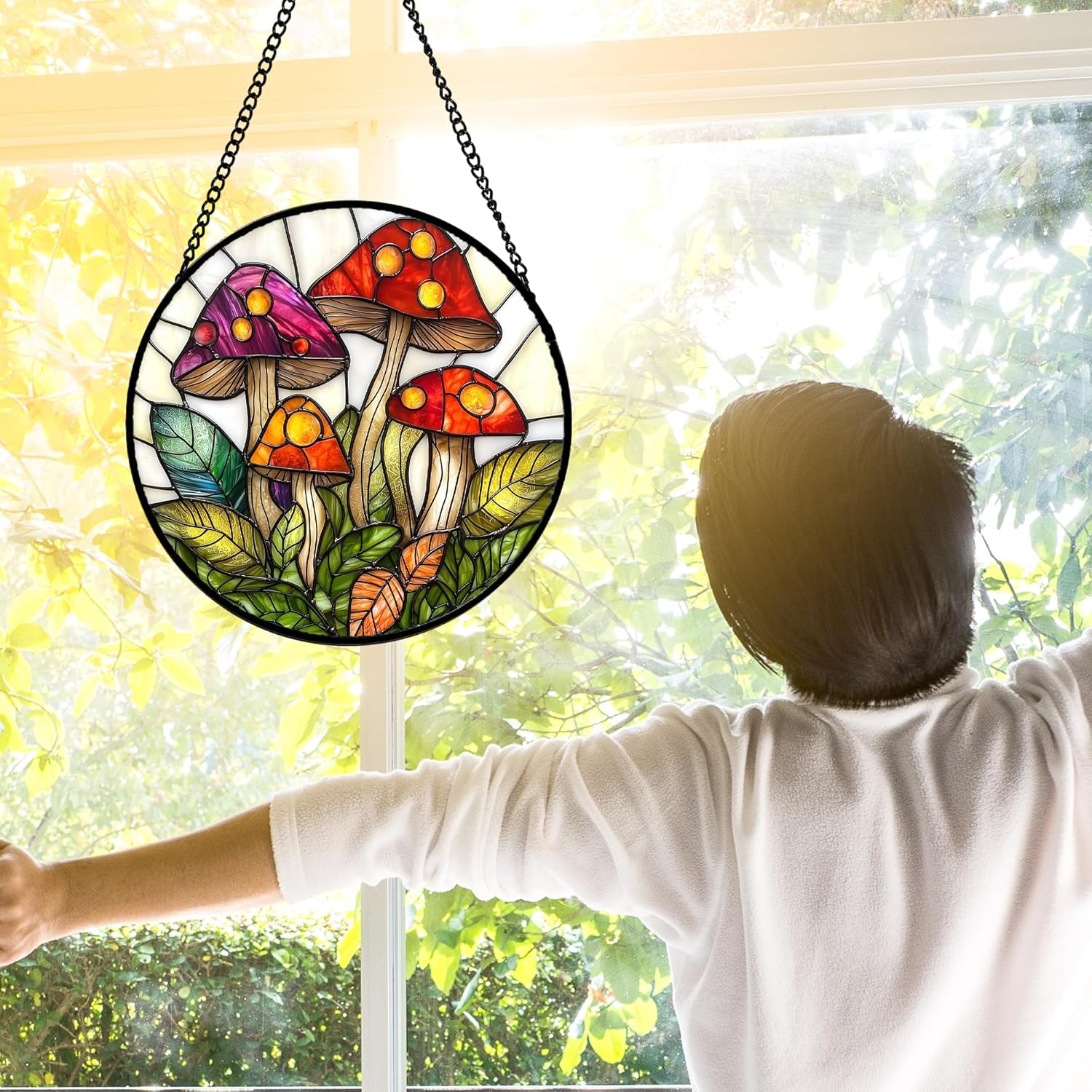 Stained Glass Window Hanging, Mushroom Leaves Suncatcher for Doors Home Sun Catchers Decoration and Christmas, Mother's Day Birthday Gifts for Women, Men, and Mom 11.8x11.8 in