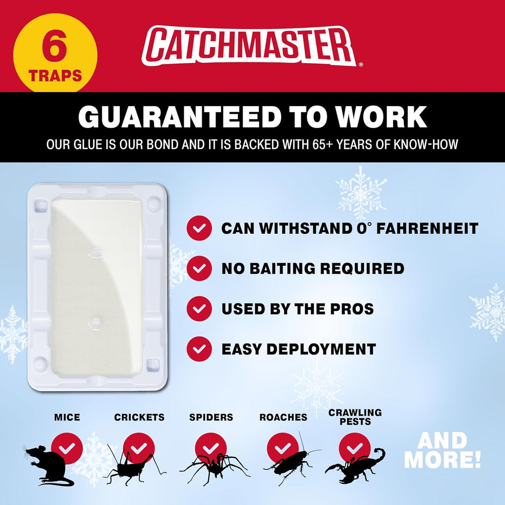 Catchmaster Freeze Resistant Glue Traps 6PK Mouse Traps Indoor for Home, Pest Control Adhesive Tray, Catch Bugs, Crickets, Spiders & Rats, Glue Boards for Cold Weather, House, Shed & Garage