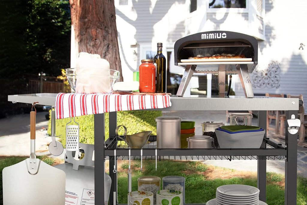 only fire Pizza Oven Table Cart for Ooni, Ninja Woodfire, Blackstone Griddle, Cuisinart Pizza Oven, Outdoor Stainless Steel Food Prep Table Movable Food Prep Cart Grill Stand with Storage Basket