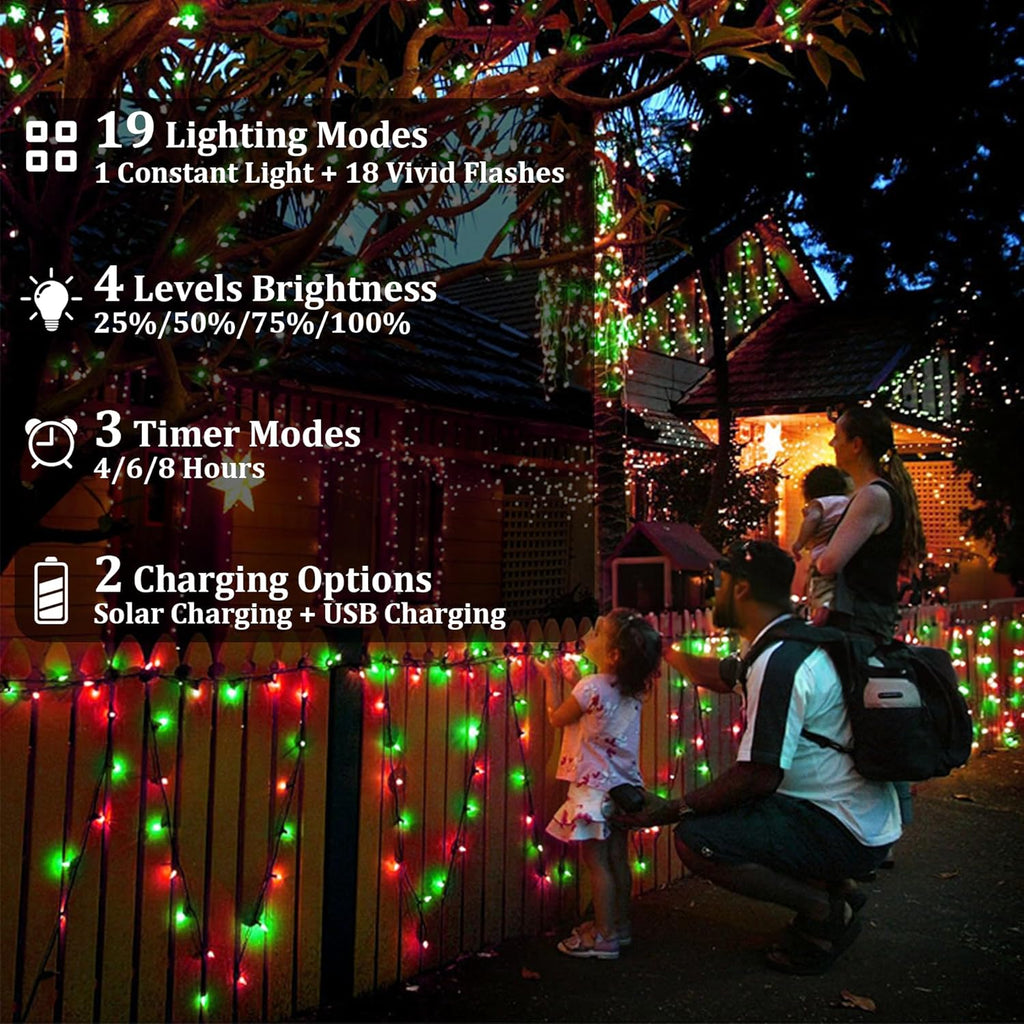 2-Pack 200FT Solar String Lights for Outside, 600 LED Extra-Bright Solar Light Outdoor with 19 Modes & Timer, Waterproof Fairy Solar Lights for Garden Patio Tree Christmas Decorations Red & Green