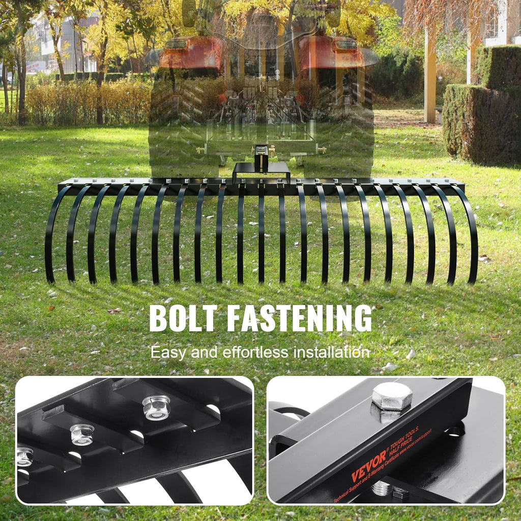 VEVOR Tow Behind Landscape Rake, 60" Tow Dethatcher with 21 Steel Coil Tines, Lawn Dethatcher Rake Attaches to 48" or 60" Toolbars and 3-Point Suspension Systems, for Leaves, Pine Needles, and Grass