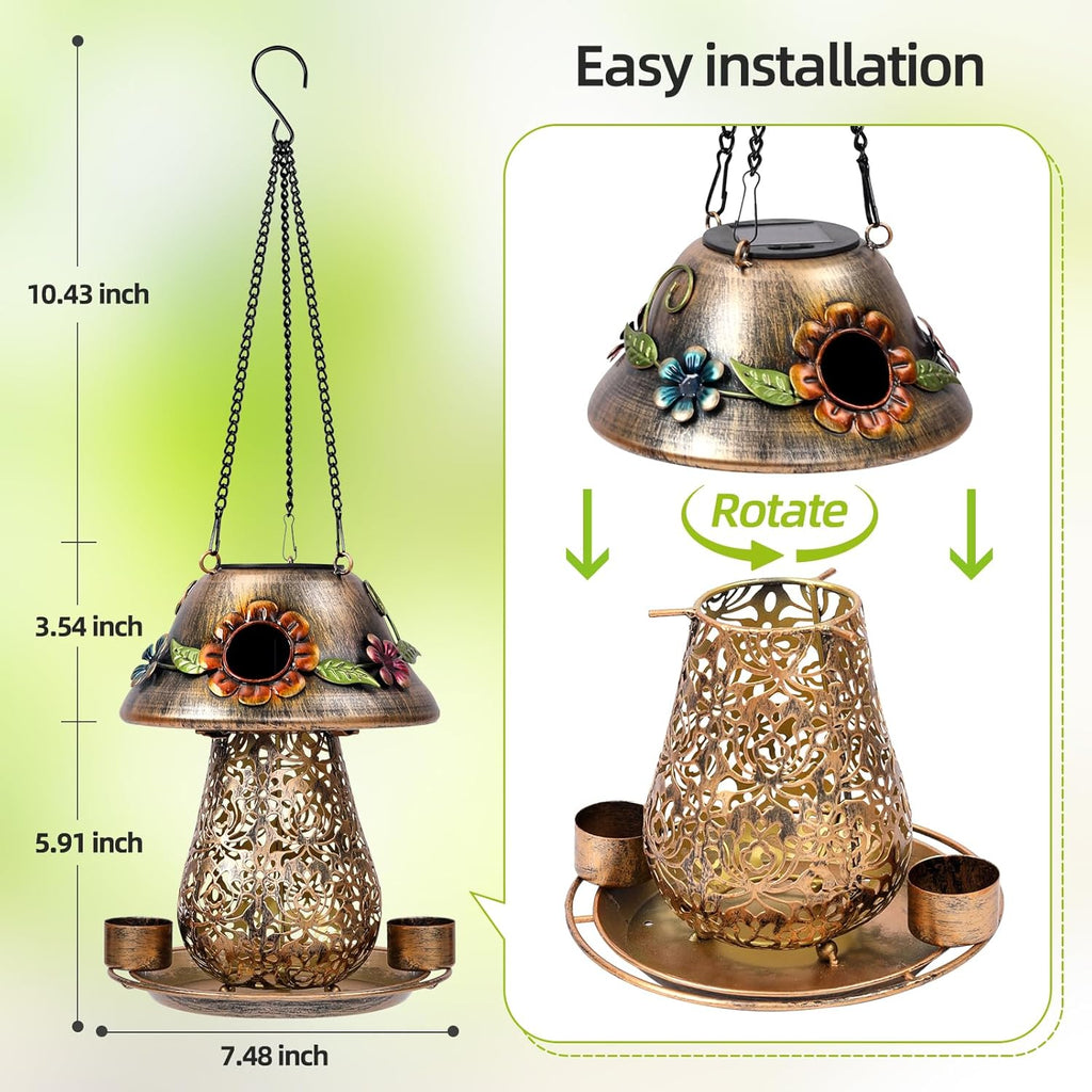 Mushroom Solar Bird Feeders for Outdoors Hanging Metal Wild Bird Feeder Garden Lantern with S Hook for Garden Decoration Brown