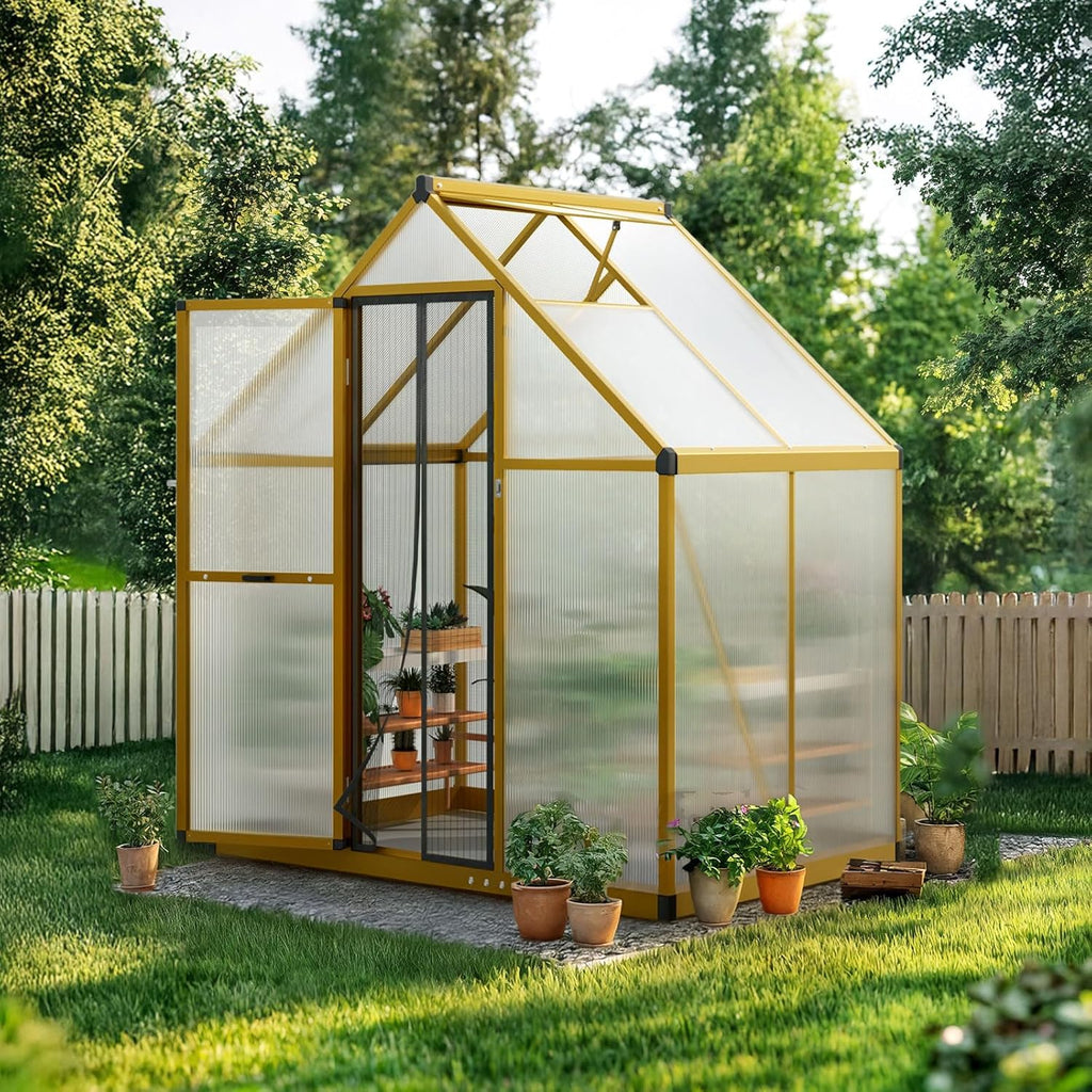KING BIRD Greenhouse for Outdoors, 4x6 FT Polycarbonate Walk-in Green House, Quick-Setup Aluminum Frame UV Resistant Panel for Outside Garden Backyard W/ Lockable Screen Door, Vent, Wood-Like